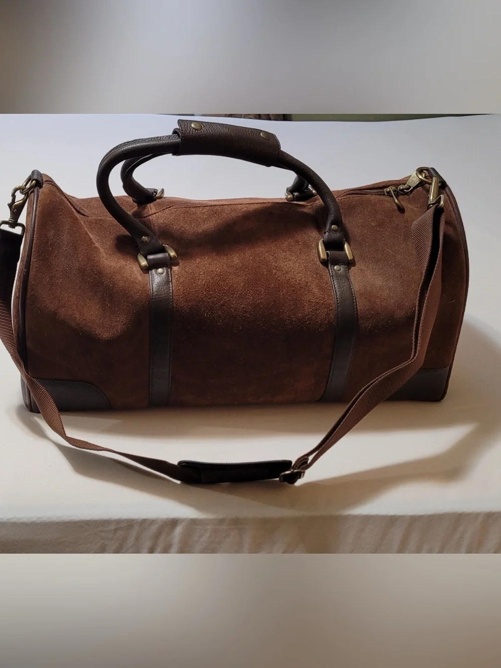 Brown Suede Men's Weekender Duffel Bag with Dark Leather Trim